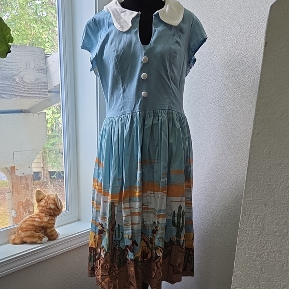 Dancing Days, Blue and White Button-Up Dress with Desert Print - Picture 1 of 4